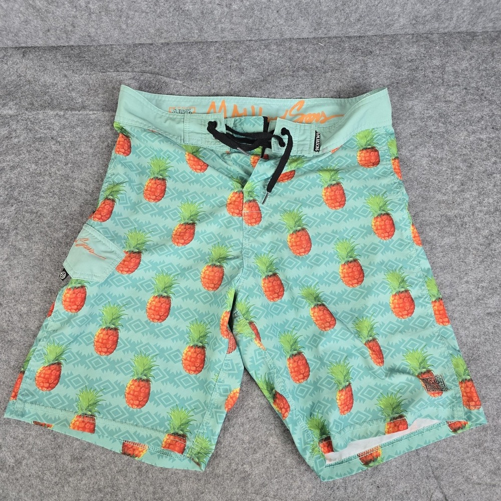 Maui And Sons Shorts Mens 30 Aqua Pineapple Board Swim 4 Way Stretch Hawaiian
